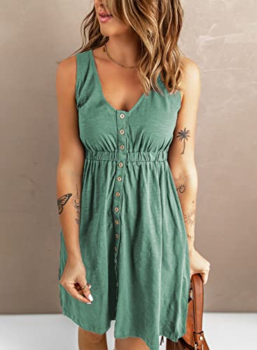 Acelitt Womens Ladies Casual Summer 2025 Fashion V Neck Sleeveless Button Down Dresses Elastic Waist Pleated Mini A-Line Swing Dress Green Medium - Image 3