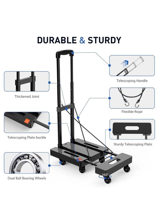 عربة يدوية قابلة للطي، عربة أمتعة شديدة التحمل 485 رطل، عربة منصة متعددة الاستخدامات مع 6 عجلات للأمتعة والسفر والانتقال والتسوق والاستخدام المكتبي، لون أسود - Image 2