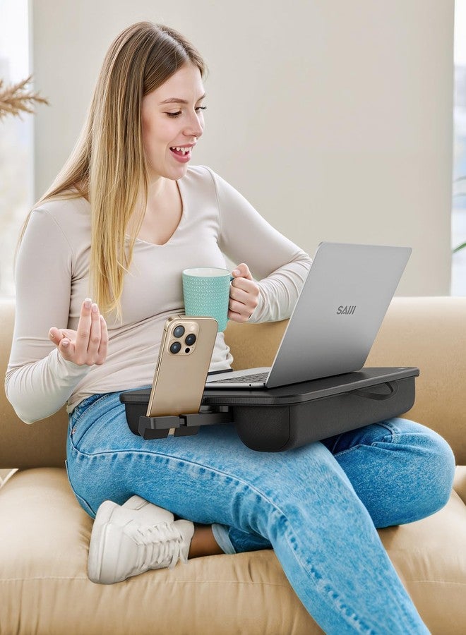 سايجي حامل كمبيوتر محمول SAIJI، صينية محمولة للكمبيوتر المحمول مع وسادة، درج تخزين، حامل هاتف، مقبض حمل، حامل هاتف - حامل كمبيوتر محمول للسرير يناسب أجهزة الكمبيوتر المحمولة حتى 15.6 بوصة - Image 3