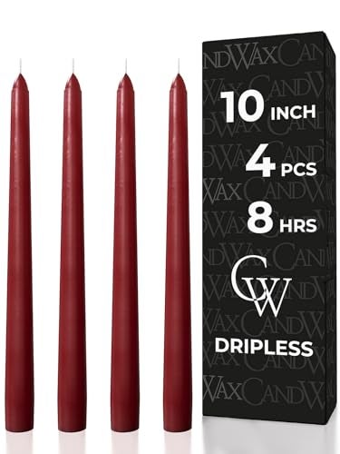 CANDWAX 10 inch Taper Candles Set of 4 - Dripless Tapered Candle and Unscented Candlesticks - Perfect for Dinner and Household – Burgundy Candles - Image 1