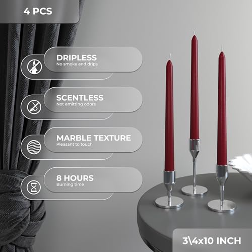 CANDWAX 10 inch Taper Candles Set of 4 - Dripless Tapered Candle and Unscented Candlesticks - Perfect for Dinner and Household – Burgundy Candles - Image 3