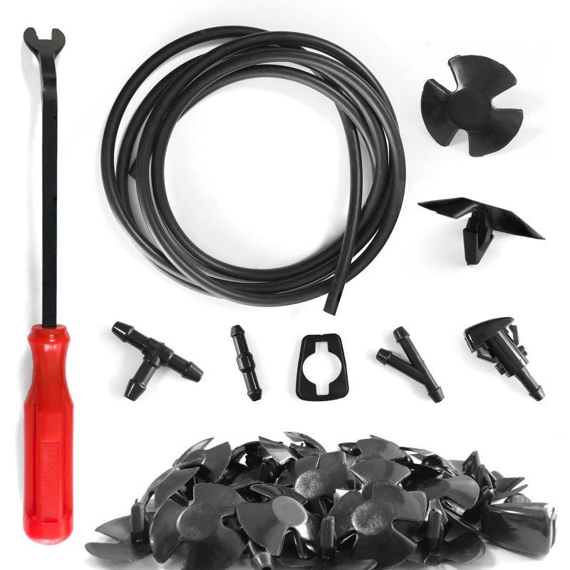 Windshield Washer Hose Kit 2M Washer Fluid Hose3 Pcs Hose Connectors4 Fan Nozzles4 Rubber Gaskets 30 Pcs Cap Heat Insulation Clips Connect Car Water Pump and Nozzles Suitable for Most Car