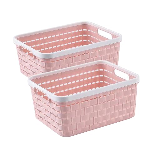 ANNIYA Plastic Storage Bin Baskets Toilet Paper Basket for Bathroom Plastic Organizer Shower Caddy with Handles for Living Room Small Pink 2 pack - Image 1