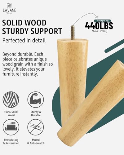 La Vane 5 inch / 12cm Solid Wood Furniture Legs - Tapered Replacement Feet with 5/16 inch Thread & Mounting Plates - Set of 4 for Sofa, Couch, Cabinet, Ottoman - Image 3