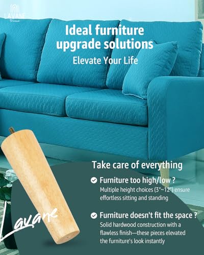 La Vane 5 inch / 12cm Solid Wood Furniture Legs - Tapered Replacement Feet with 5/16 inch Thread & Mounting Plates - Set of 4 for Sofa, Couch, Cabinet, Ottoman - Image 2
