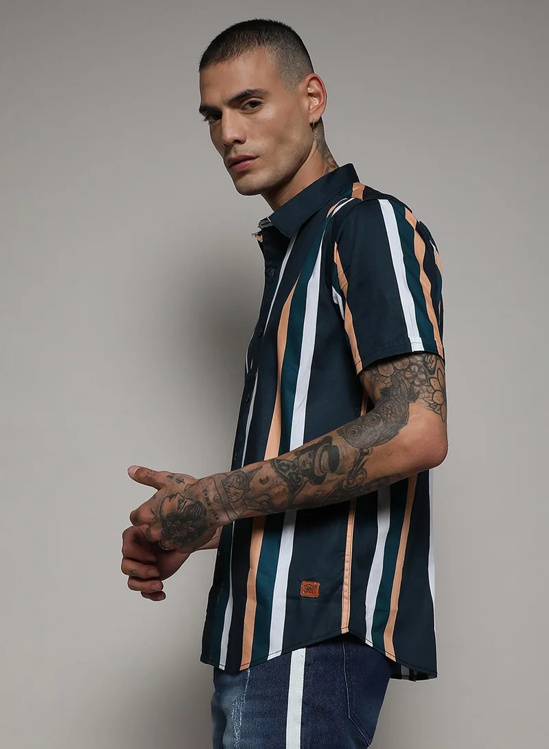 Campus Sutra Campus Sutra Men's Prussian Blue Club Striped Shirt For Casual Wear | Spread Collar | Short Sleeve | Button Closure | Cotton Shirt Crafted With Comfort Fit For Everyday Wear