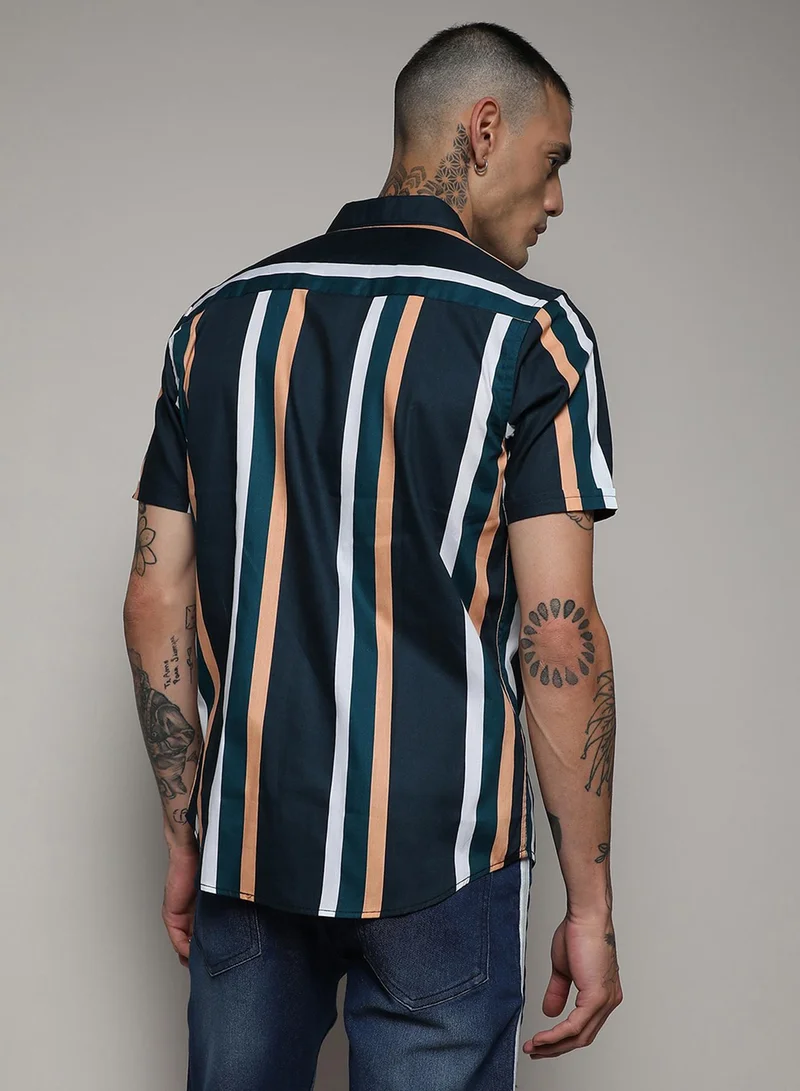 Campus Sutra Campus Sutra Men's Prussian Blue Club Striped Shirt For Casual Wear | Spread Collar | Short Sleeve | Button Closure | Cotton Shirt Crafted With Comfort Fit For Everyday Wear
