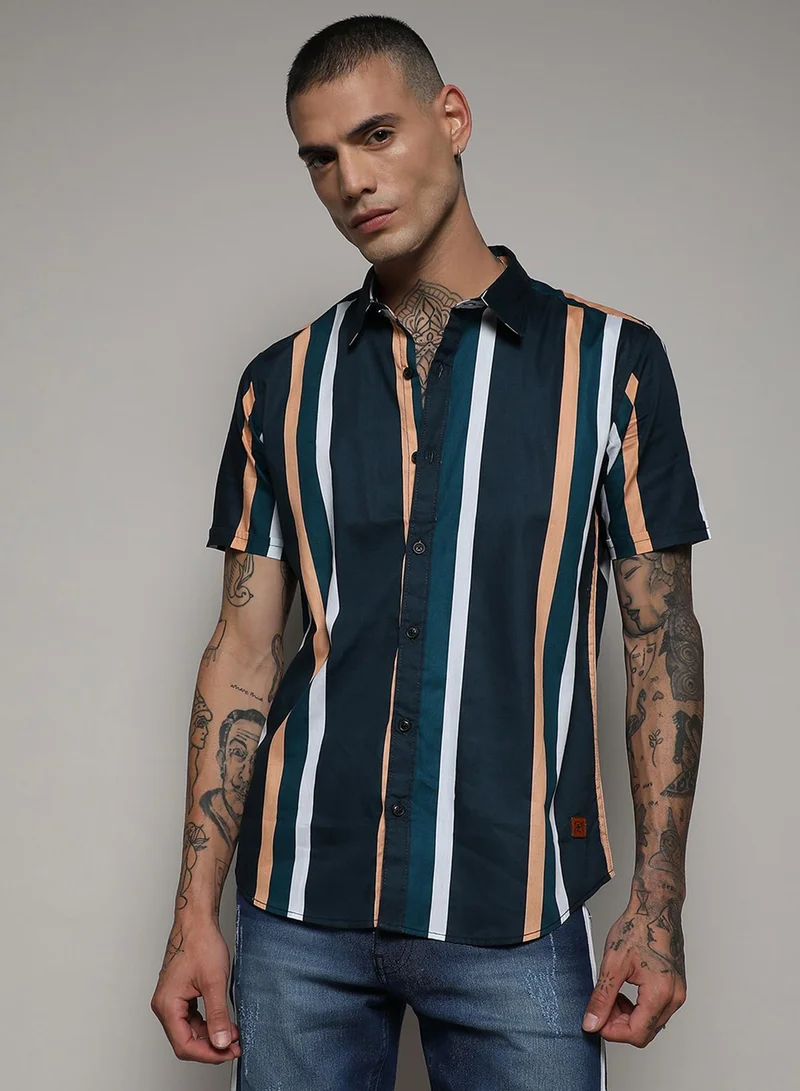 Campus Sutra Campus Sutra Men's Prussian Blue Club Striped Shirt For Casual Wear | Spread Collar | Short Sleeve | Button Closure | Cotton Shirt Crafted With Comfort Fit For Everyday Wear