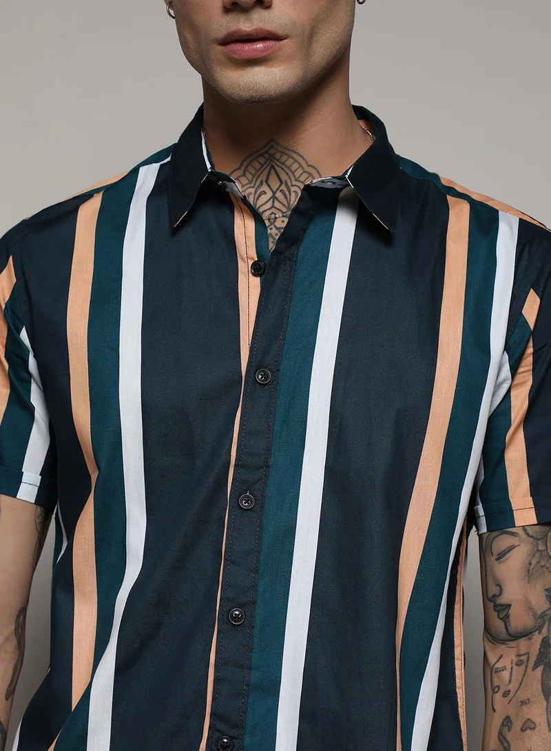 Campus Sutra Campus Sutra Men's Prussian Blue Club Striped Shirt For Casual Wear | Spread Collar | Short Sleeve | Button Closure | Cotton Shirt Crafted With Comfort Fit For Everyday Wear