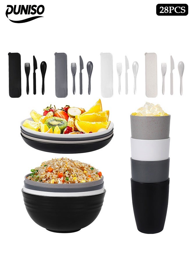 DUNISO 28 Pcs Wheat Straw Dinnerware Set，Portable Reusable Dinnerware Cutlery Sets，Eco-Friendly Lightweight Unbreakable Dish Set，for Kids Adult Home Office Party Picnic Camping Outdoor - Image 1