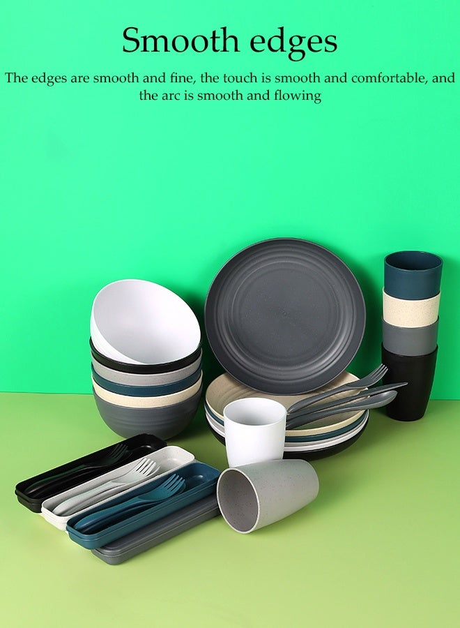 DUNISO 28 Pcs Wheat Straw Dinnerware Set，Portable Reusable Dinnerware Cutlery Sets，Eco-Friendly Lightweight Unbreakable Dish Set，for Kids Adult Home Office Party Picnic Camping Outdoor - Image 3