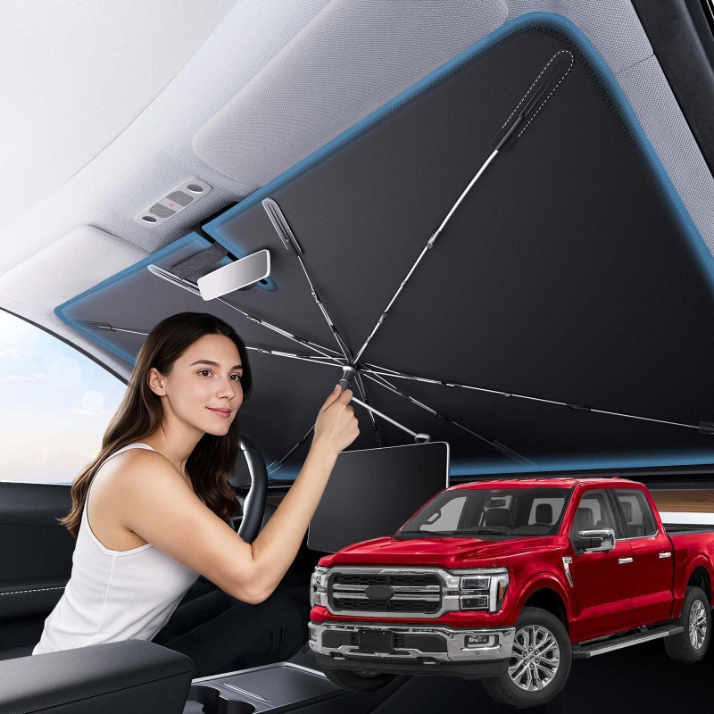Zanch 2025 Upgraded Car Windshield Sun Shade Cool Down by 75 with Heat Insulation Coating Foldable Sunshade Umbrella with Flexible Handle Ribs Large 34x61 for Large SUV Truck Van