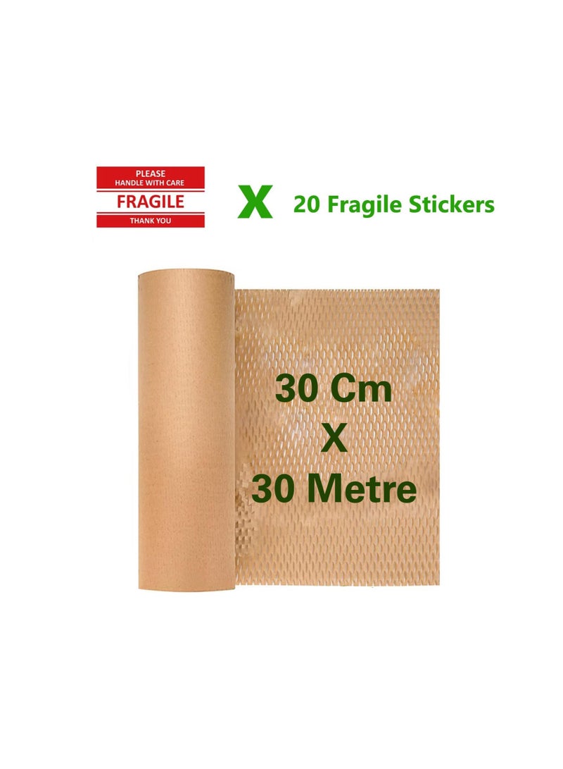 Biodegradable Honeycomb Packing Paper Wrap with 20 Fragile Stickers - Eco-Friendly Bubble Wrap Alternative for Cushioning Fragile Items - Recyclable Packaging Material Made from Paper (30cm x 30m)