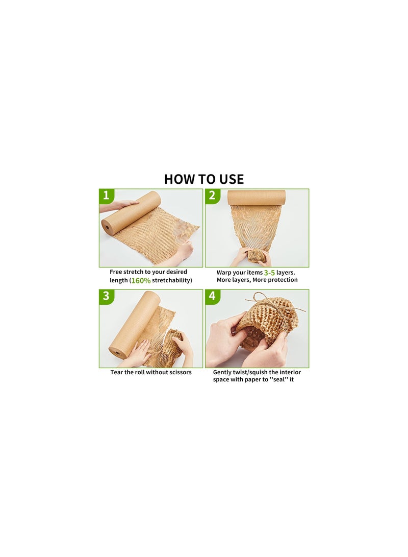 Biodegradable Honeycomb Packing Paper Wrap with 20 Fragile Stickers - Eco-Friendly Bubble Wrap Alternative for Cushioning Fragile Items - Recyclable Packaging Material Made from Paper (30cm x 30m)