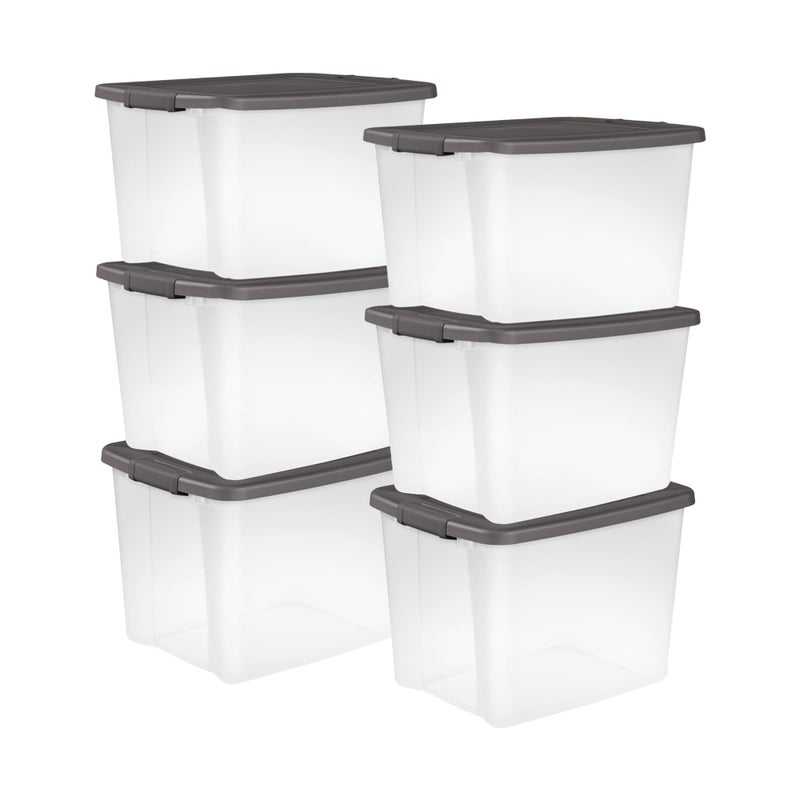 Sterilite 50 Qt ShelfTote Stackable Storage Bin with Latching Lid Plastic Container to Organize Closet Shelves Clear Base and Gray Lid 6Pack