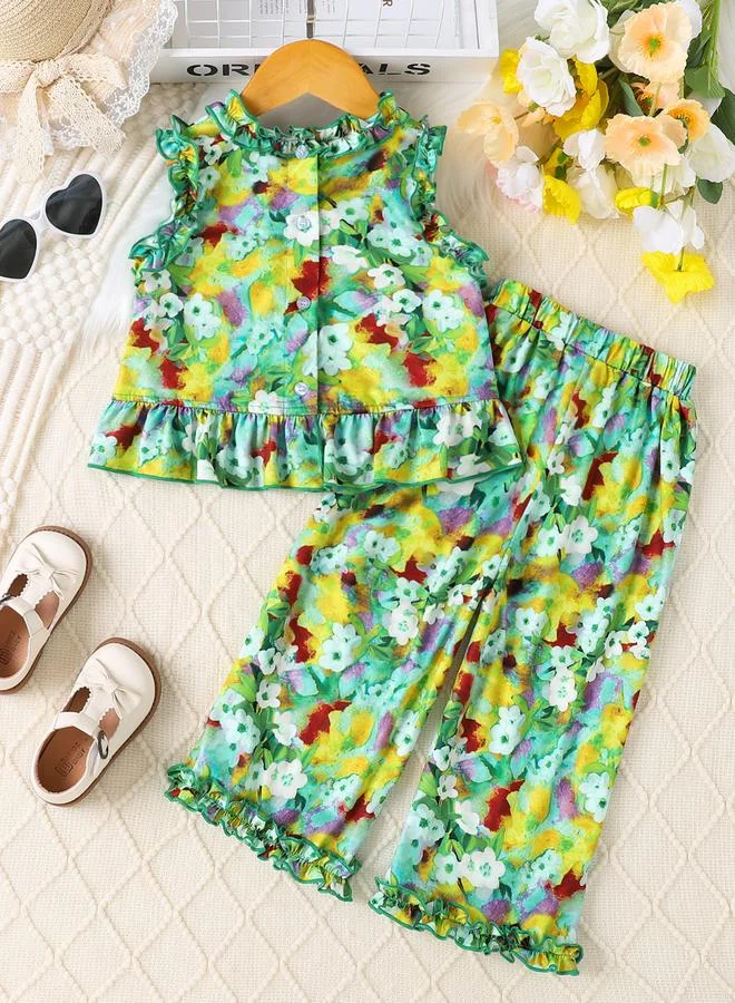 Take Two Girls Floral Print Sleeveless Ruffle Hem Top and Pants Set