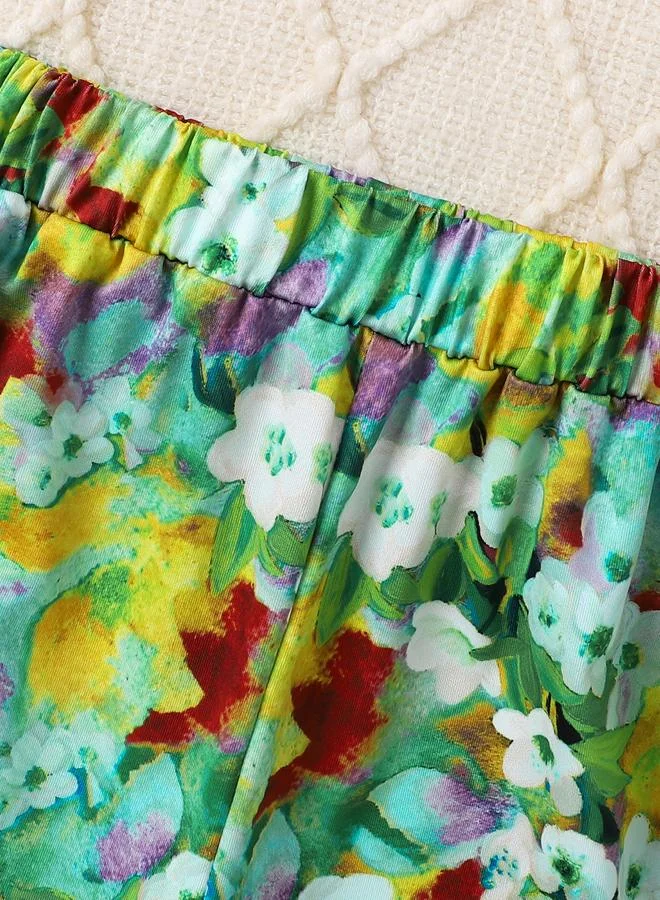 Take Two Green Girls Floral Print Sleeveless Ruffle Hem Top And Pants Set for Women | Best Price UAE