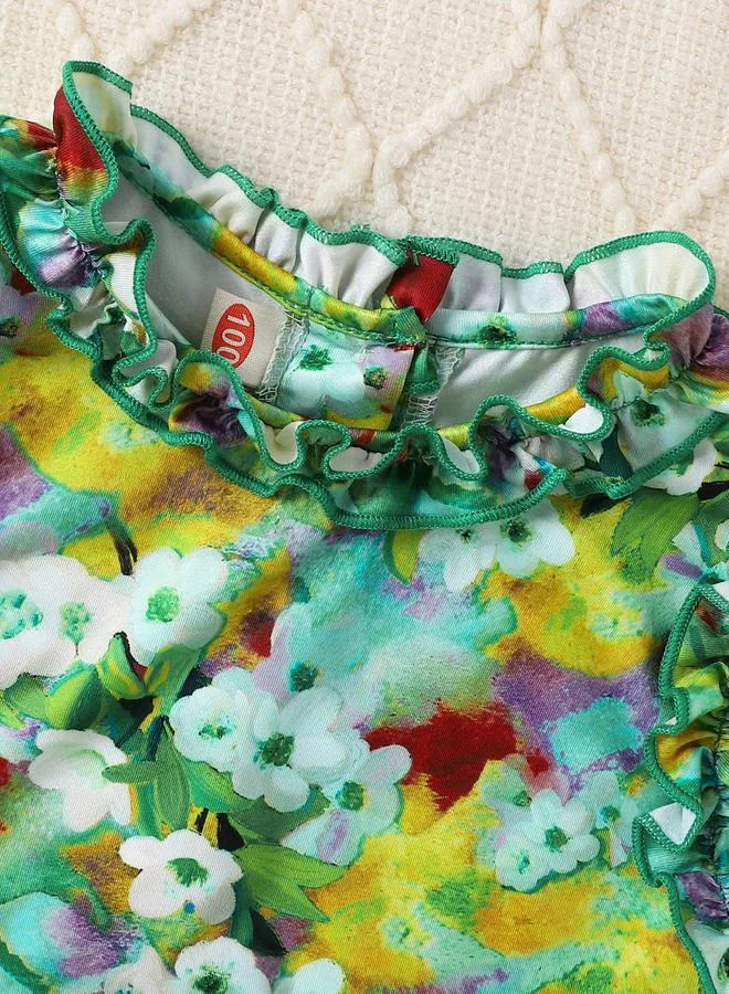 Take Two Green Girls Floral Print Sleeveless Ruffle Hem Top And Pants Set for Women | Best Price UAE