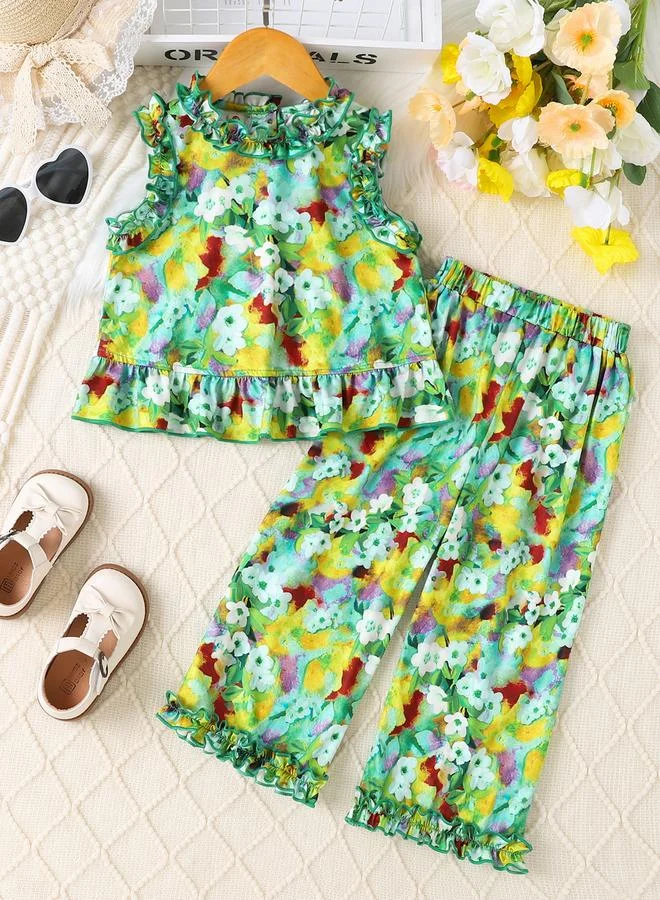 Take Two Girls Floral Print Sleeveless Ruffle Hem Top and Pants Set