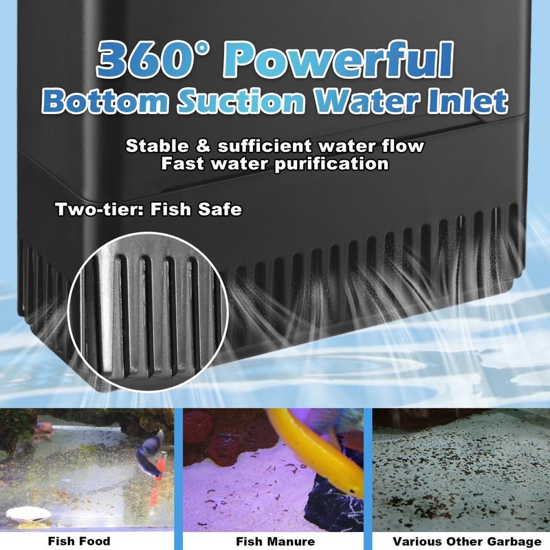 TARARIUM Turtle Tank Filter Aquarium Filter Power Adjustable 20-75 Gal. 290GPH Large Internal Filter 3-Stage Waterfall Bio-Filtration Low Water Level for Freshwater Saltwater Fish Tank Reptile Shrimp Frog - Image 4