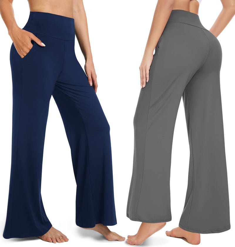FULLSOFT 3 Pack Women's Wide Leg Yoga Pants Comfy Loose Sweatpants High Waisted Lounge Casual Workout Joggers Pants with Pockets(Black,Grey,Navy Blue,Large) - Image 2