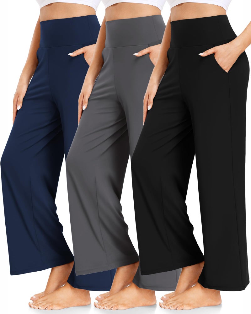 FULLSOFT 3 Pack Women's Wide Leg Yoga Pants Comfy Loose Sweatpants High Waisted Lounge Casual Workout Joggers Pants with Pockets(Black,Grey,Navy Blue,Large) - Image 1
