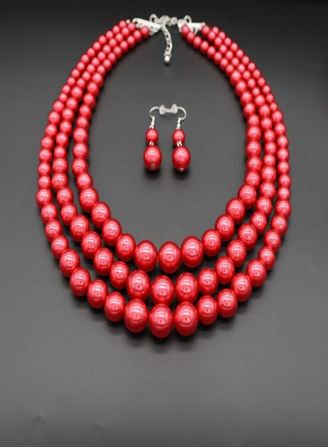 CIOOU Pearl Necklace for Women Multi Strand Pearl Necklaces 3 Layer Faux Pearl Necklace Earrings Set Costume Jewelry (Red pearl necklace set) - Image 5
