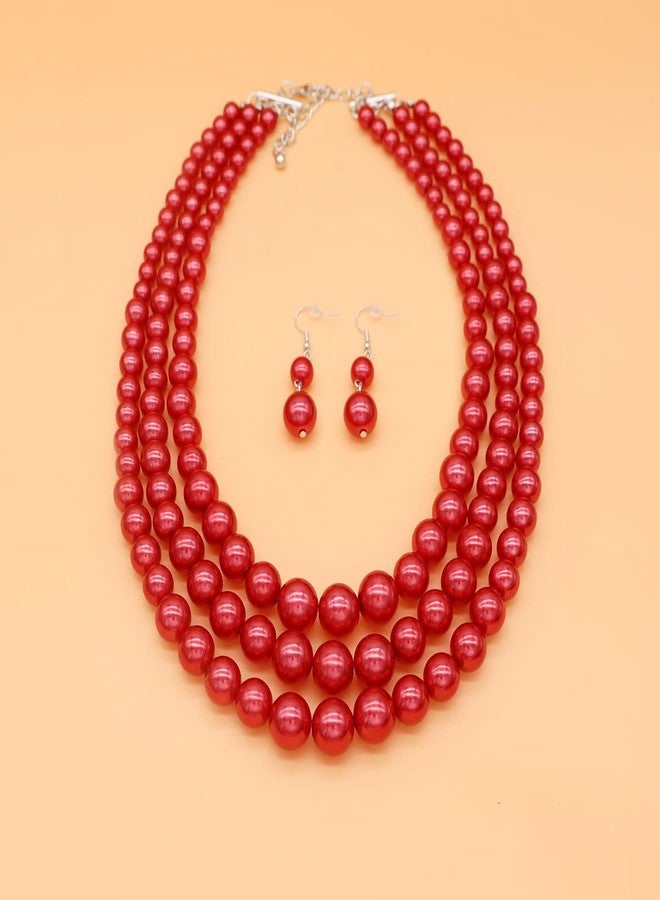 CIOOU Pearl Necklace for Women Multi Strand Pearl Necklaces 3 Layer Faux Pearl Necklace Earrings Set Costume Jewelry (Red pearl necklace set) - Image 2