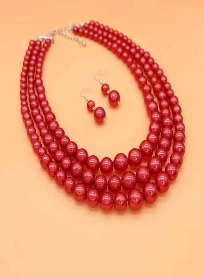 CIOOU Pearl Necklace for Women Multi Strand Pearl Necklaces 3 Layer Faux Pearl Necklace Earrings Set Costume Jewelry (Red pearl necklace set) - Image 4