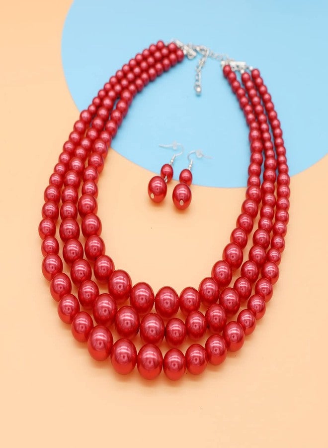 CIOOU Pearl Necklace for Women Multi Strand Pearl Necklaces 3 Layer Faux Pearl Necklace Earrings Set Costume Jewelry (Red pearl necklace set) - Image 3