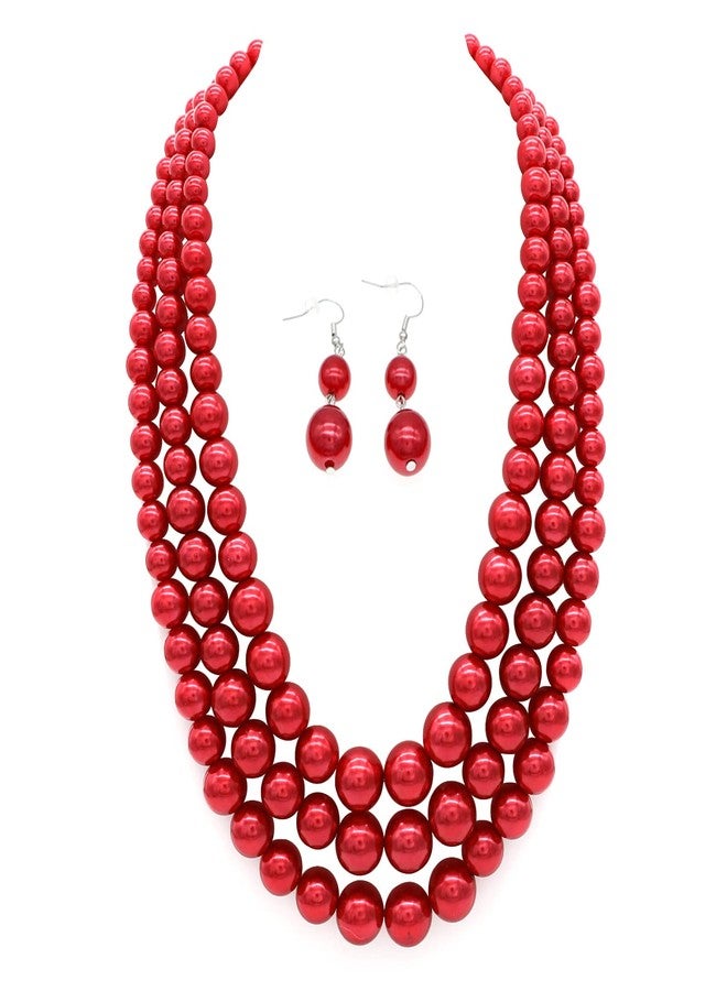 CIOOU Pearl Necklace for Women Multi Strand Pearl Necklaces 3 Layer Faux Pearl Necklace Earrings Set Costume Jewelry (Red pearl necklace set) - Image 1