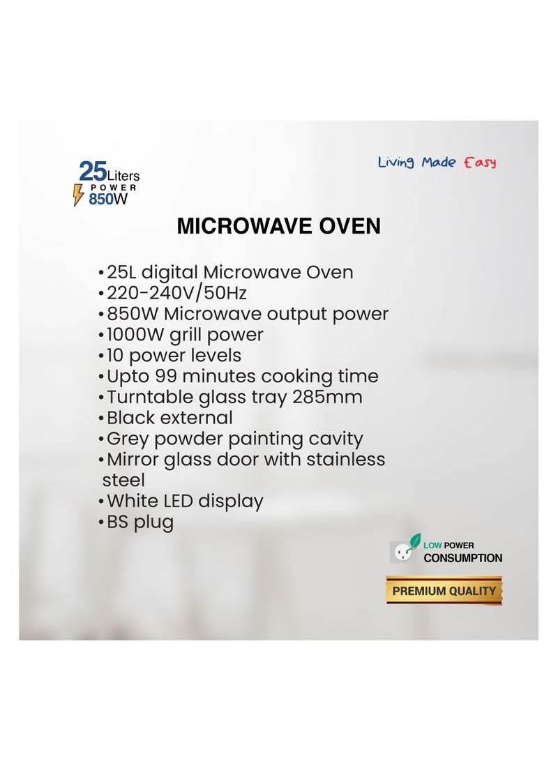 STAR TRACK Digital Microwave Oven, 850W Output, Grill Power, 10 Power Levels, 99 min Timer, 285 mm glass turntable glass tray, Grey powder painting cavity, white LED display, Mirror Glass Door 25 L 1000 W ST-MW1000-DIB25 black - Image 4
