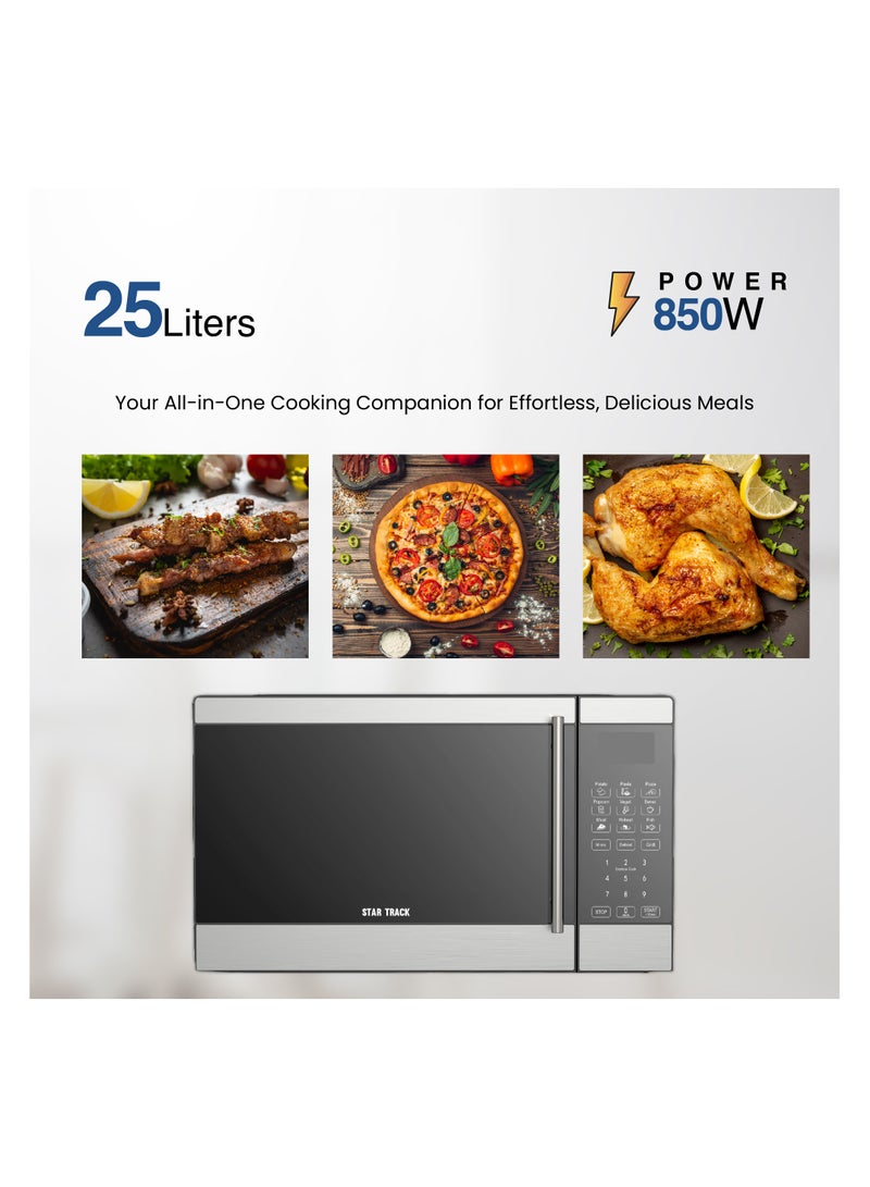 STAR TRACK Digital Microwave Oven, 850W Output, Grill Power, 10 Power Levels, 99 min Timer, 285 mm glass turntable glass tray, Grey powder painting cavity, white LED display, Mirror Glass Door 25 L 1000 W ST-MW1000-DIB25 black - Image 3