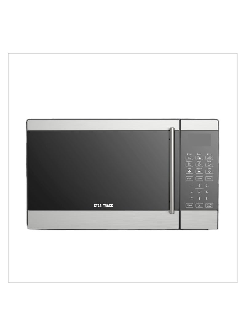 STAR TRACK Digital Microwave Oven, 850W Output, Grill Power, 10 Power Levels, 99 min Timer, 285 mm glass turntable glass tray, Grey powder painting cavity, white LED display, Mirror Glass Door 25 L 1000 W ST-MW1000-DIB25 black - Image 1