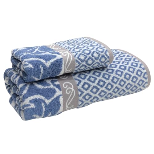 STAMIO Cotton 490 GSM Bath and Hand Towel Combo Set of 2 for Men and Women | Extra Soft & Absorbent Large Full Size Towels for Bathing, Home, Sports, Salon, Hotel use | Jacquard Border, Light Blue - Image 1