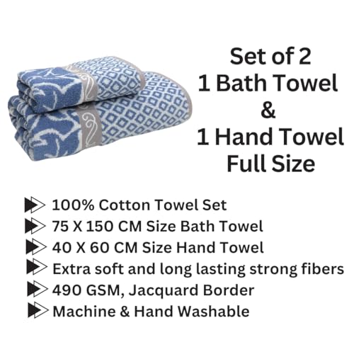 STAMIO Cotton 490 GSM Bath and Hand Towel Combo Set of 2 for Men and Women | Extra Soft & Absorbent Large Full Size Towels for Bathing, Home, Sports, Salon, Hotel use | Jacquard Border, Light Blue - Image 2