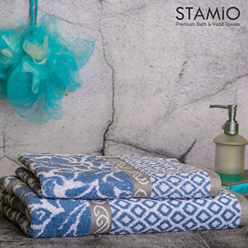 STAMIO Cotton 490 GSM Bath and Hand Towel Combo Set of 2 for Men and Women | Extra Soft & Absorbent Large Full Size Towels for Bathing, Home, Sports, Salon, Hotel use | Jacquard Border, Light Blue - Image 3