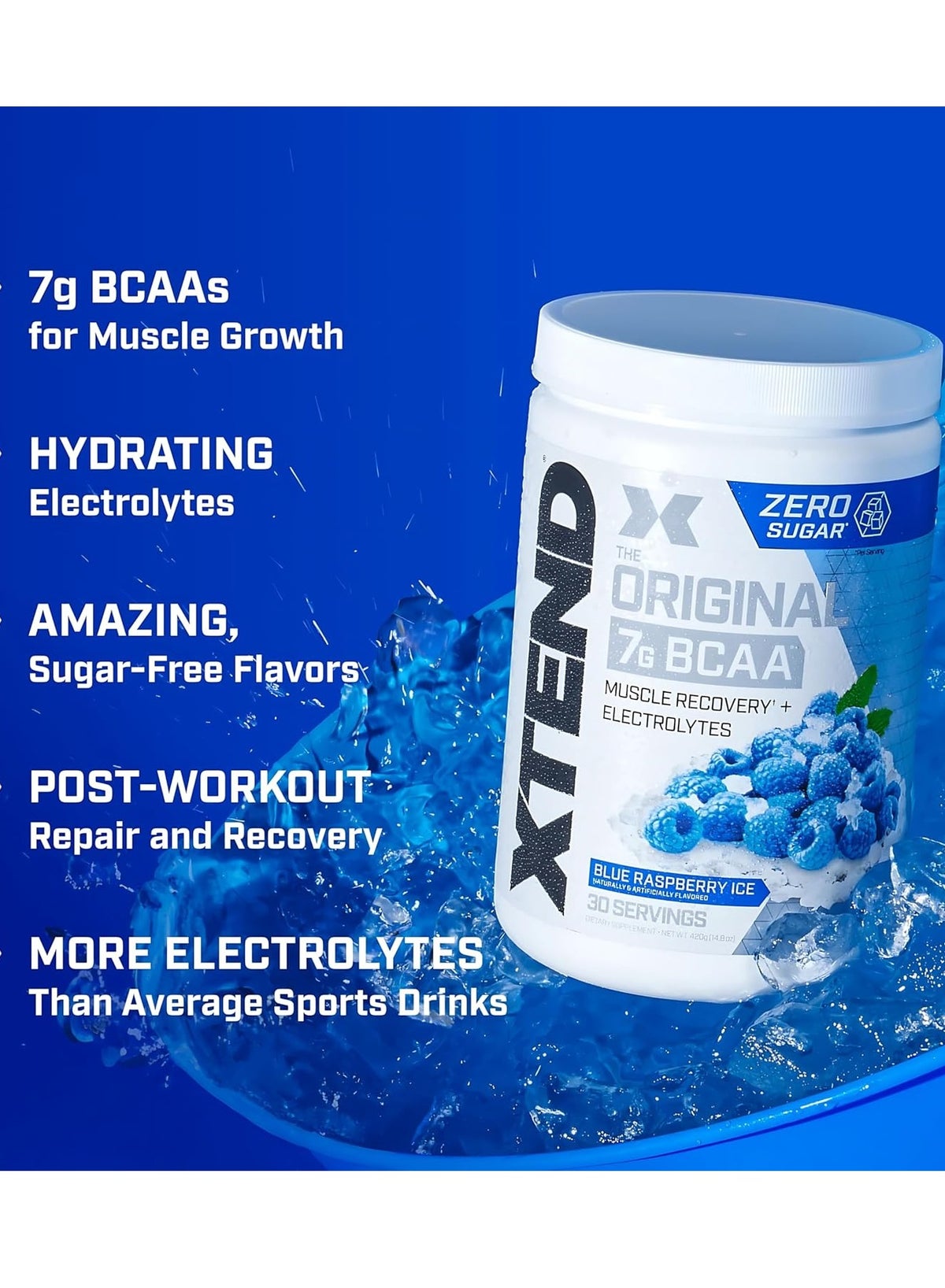 Xtend Bcaa Powder - Blue Raspberry Ice | 30 Servings | 7G Branched-Chain Amino Acids + Electrolytes | Sugar-Free Workout Support