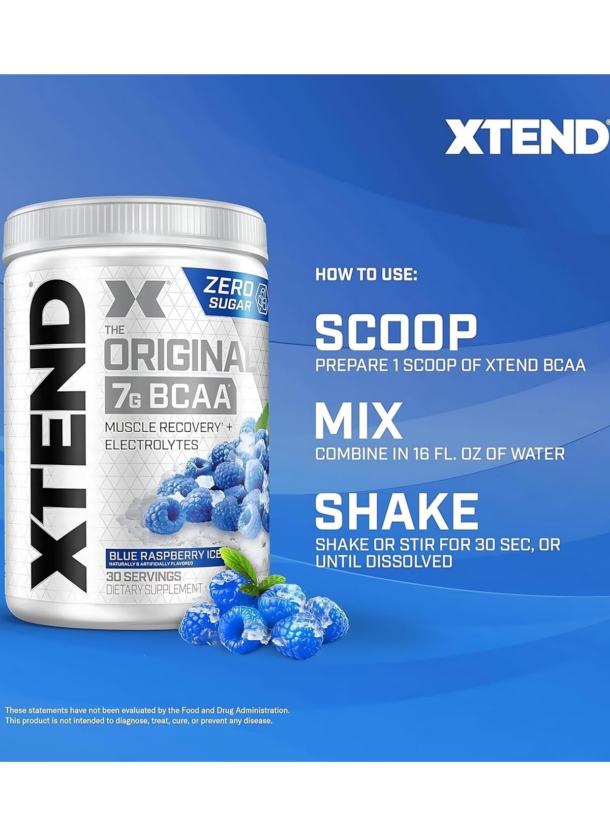 Xtend Bcaa Powder - Blue Raspberry Ice | 30 Servings | 7G Branched-Chain Amino Acids + Electrolytes | Sugar-Free Workout Support