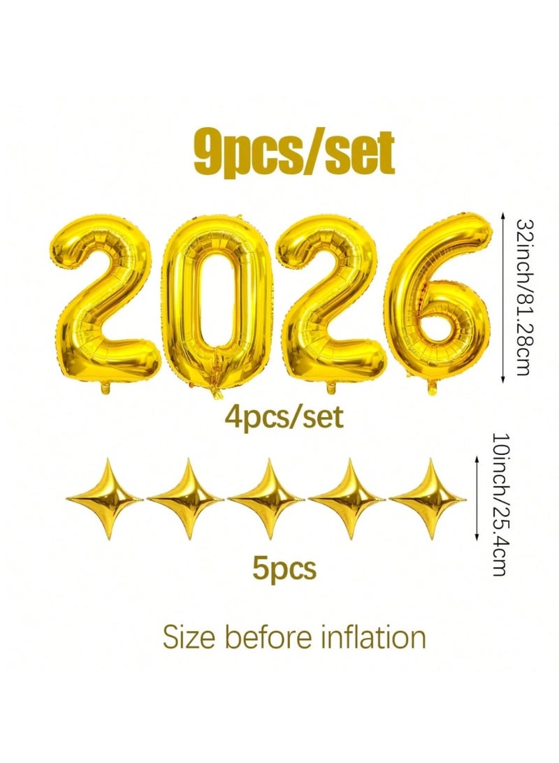 New Year's and New Year's decorations 2026: A set of 9 large 32-inch balloons in the shape of the number 2026 and five star-shaped balloons to decorate your New Year's Eve party. - Image 2