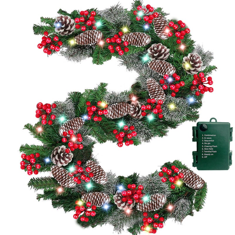 Timer 9Ft by 10 Inch Prelit Christmas Garland with 50 Colorful Lights Thick 270 Snowy Tips 70 Red Berry 10 Pinecone Battery Operated 8 Mode Real Touch Cedar Valentines Garland Mantle Indoor Outdoor