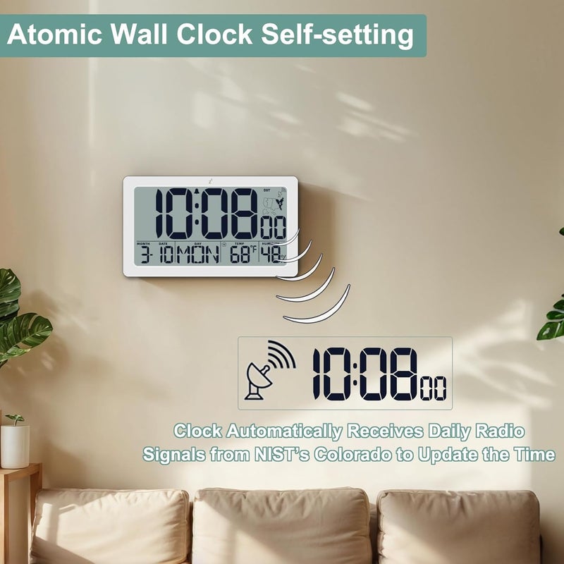 QINYUNE Atomic Wall Clock Battery Operated,10.5 inch Digtial Desk Clock with Temperature and Humidity,Self-Setting Alarm Clocks with 57 Ringtones,Auto DST, Large LCD for Seniors Batteries Included（White) - Image 5