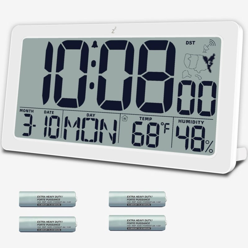 QINYUNE Atomic Wall Clock Battery Operated,10.5 inch Digtial Desk Clock with Temperature and Humidity,Self-Setting Alarm Clocks with 57 Ringtones,Auto DST, Large LCD for Seniors Batteries Included（White) - Image 1