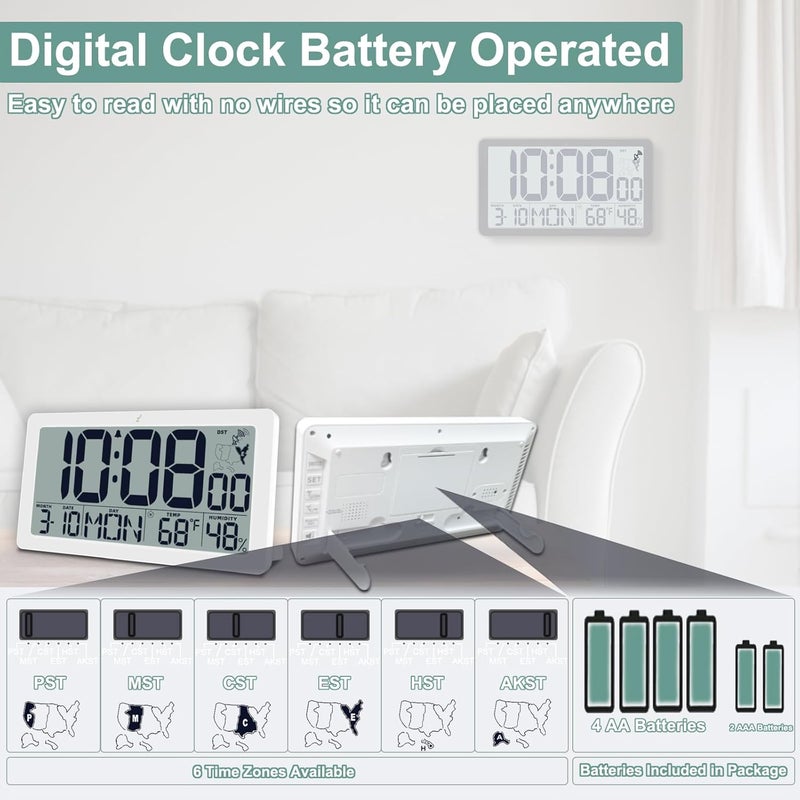 QINYUNE Atomic Wall Clock Battery Operated,10.5 inch Digtial Desk Clock with Temperature and Humidity,Self-Setting Alarm Clocks with 57 Ringtones,Auto DST, Large LCD for Seniors Batteries Included（White) - Image 3