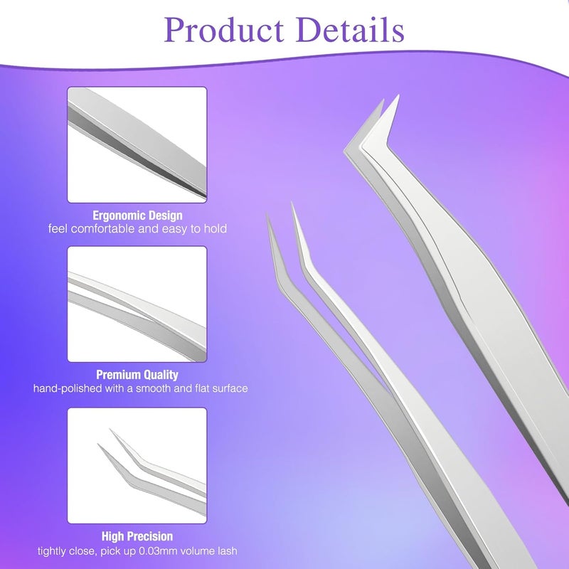 LZM Professional Precision Eyelash Tweezers, 2 Pieces Tweezers for Eyelash Extension, Multifunctional Curved Tweezers in Steel, Nail Art, Jewelry Making - Image 4