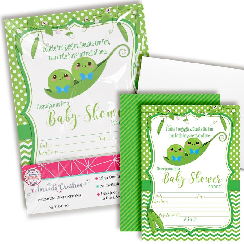 Two Peas in a Pod Twin Boy Baby Shower Invitations 20 5x7 Fill In Cards with Twenty White Envelopes by AmandaCreation