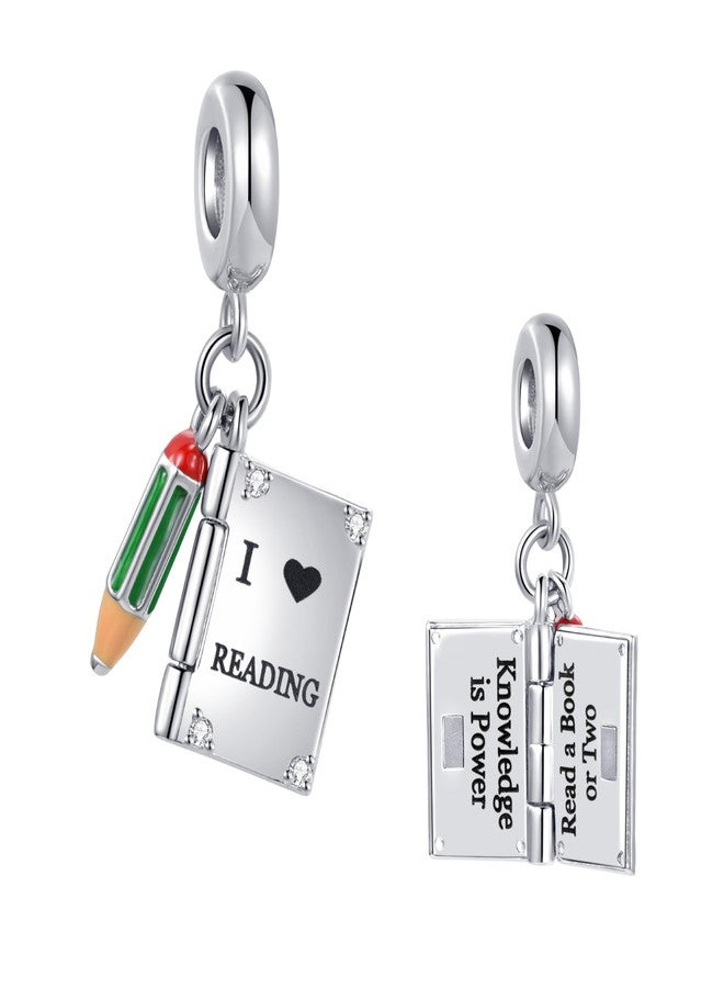 MiiFort Openable I Love Reading Book Charm Compatible with Pandora Charms Bracelets Birthday Jewelry Graduation Gift for Daughter Granddaughter Sister Friend Knowledge is Power Green Pencil - Image 1