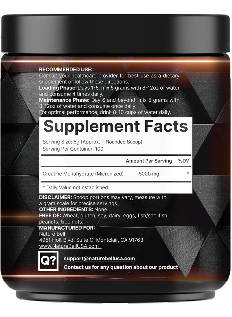 NatureBell بودرة كرياتين مونوهايدرات ناتشر بيل 500 جرام، 5000 ملغ لكل حصة، بودرة كرياتين نقية بدون نكهة - مجهرية - قبل التمرين | كيتو | نباتي | تذوب بسهولة | خالية من الحشوات - 100 حصة (1.1 رطل) - Image 2