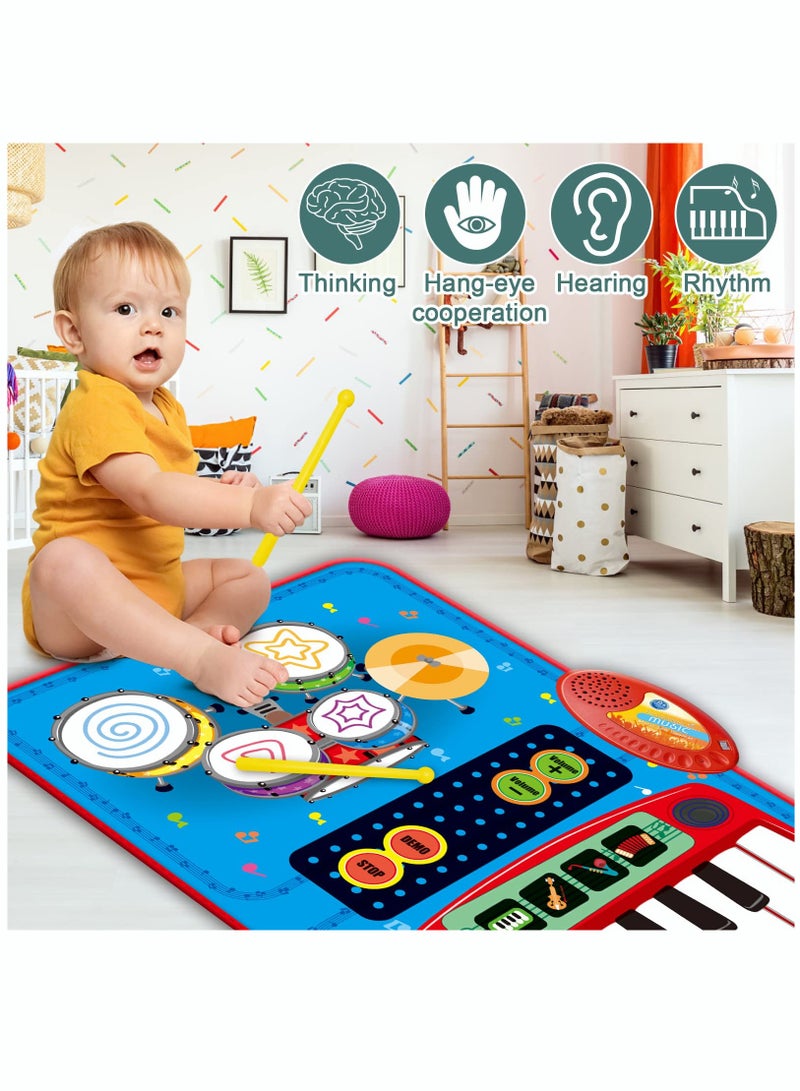 بايبي طفل رضيع لعبة 2 في 1 موسيقى طفل لعبة بيانو & طبل حصير , حزام سير 2 عصا - Image 5