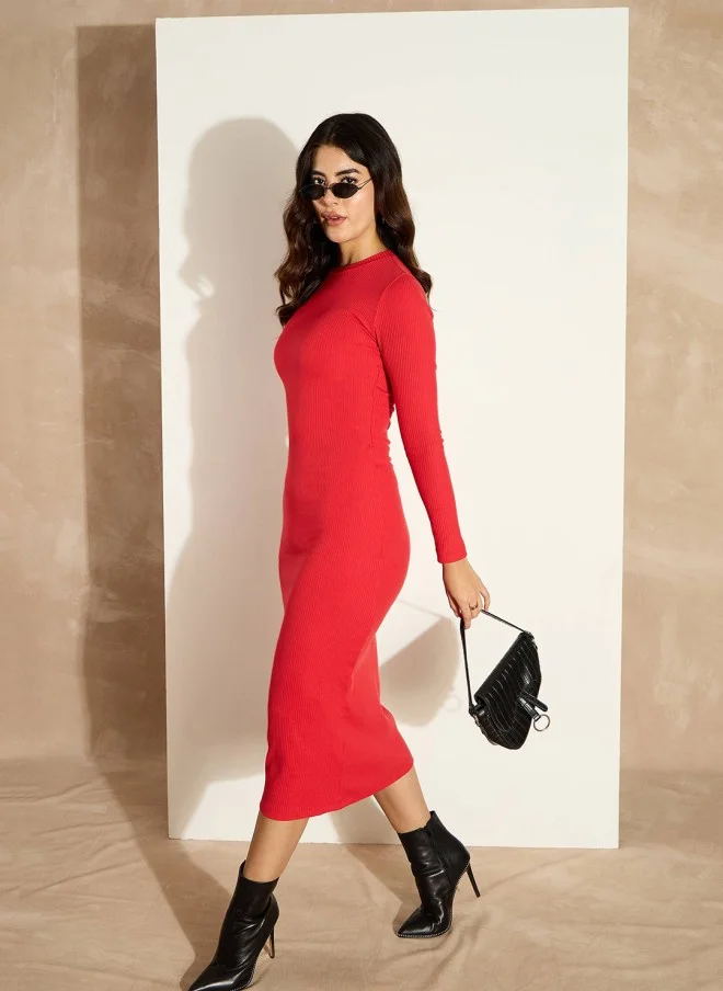 SASSAFRAS Red Bodycon Midi Dress for Women